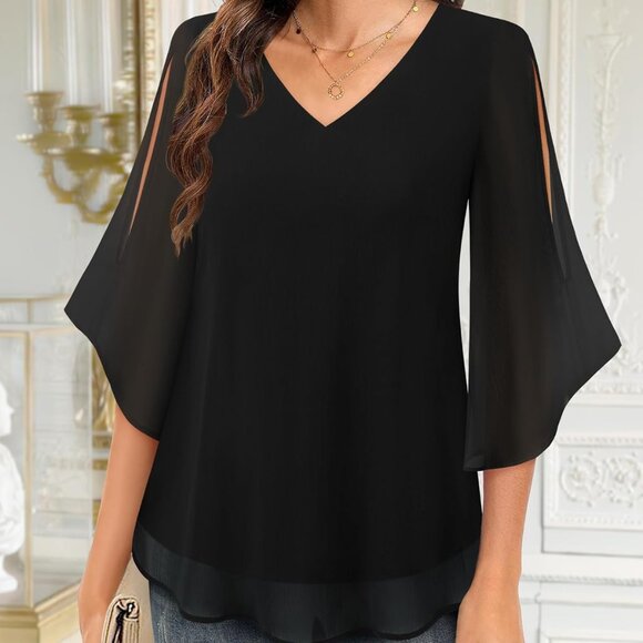 Womens Ruffle 3/4 Sleeve V Neck Double Layers Chiffon Blouses Dressy Tops - Picture 3 of 5